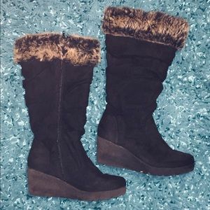 Black suede wedge hilled boots
